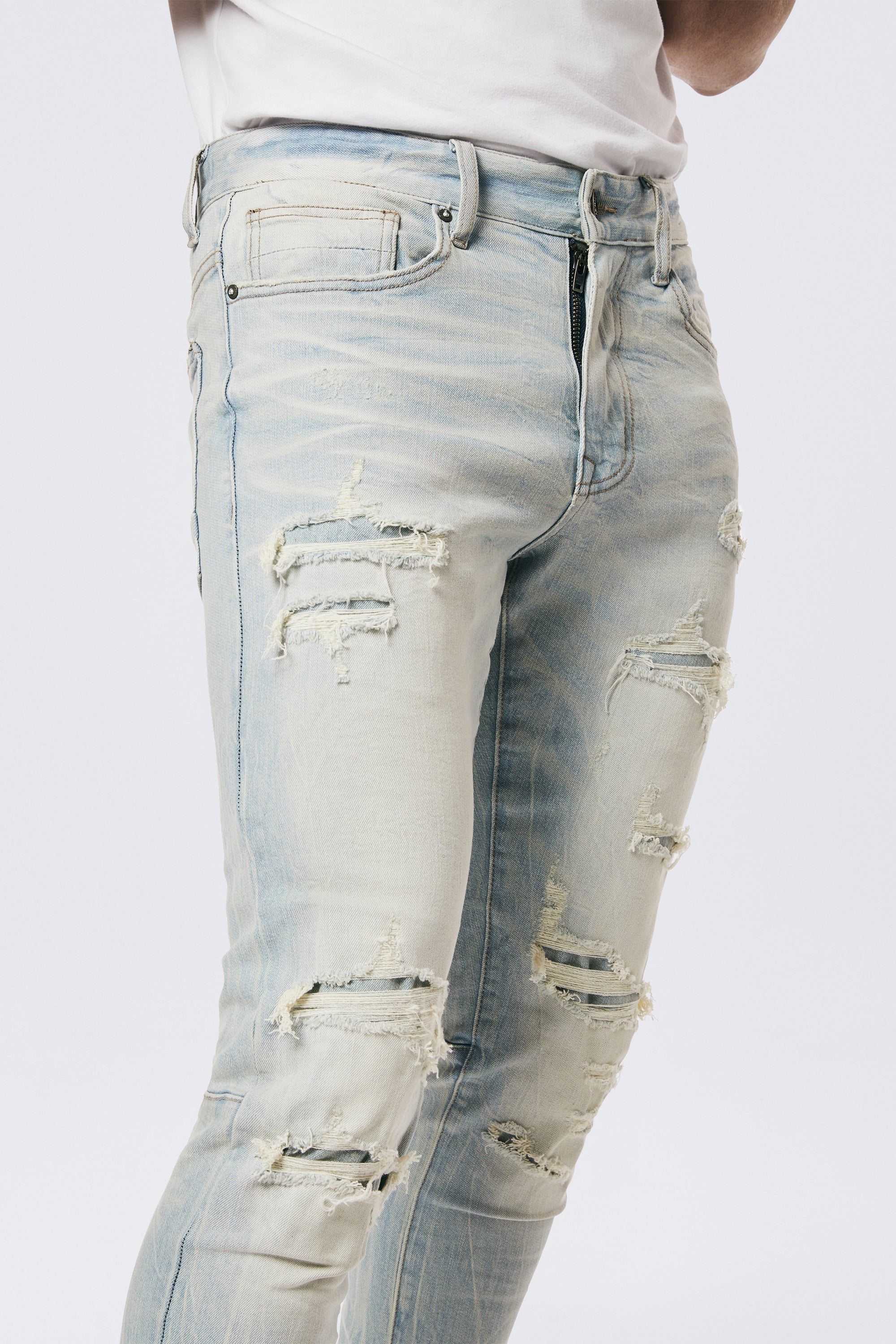 Rip & Repaired Color Slim Tapered Denim Jeans - Speckle Blue