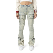 Smoke Rise RED High Rise Cargo Stacked Denim Jeans - Ombre Blue